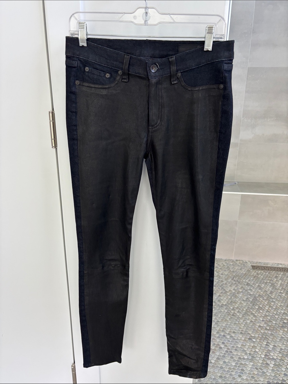 Women’s Black Skinny Jeans with leather front. Blue denim by Rag’n’Bone.